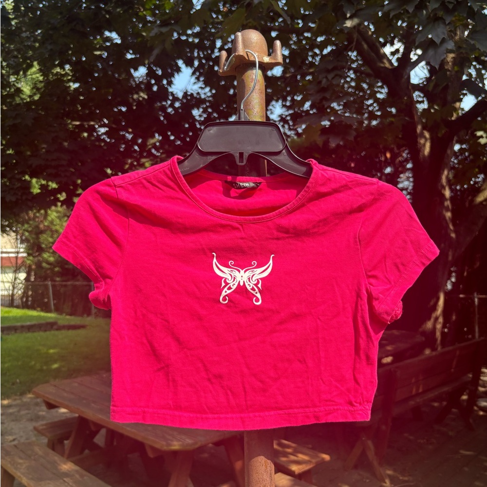 SHEIN Vibrant Pink Crop Top with White Butterfly